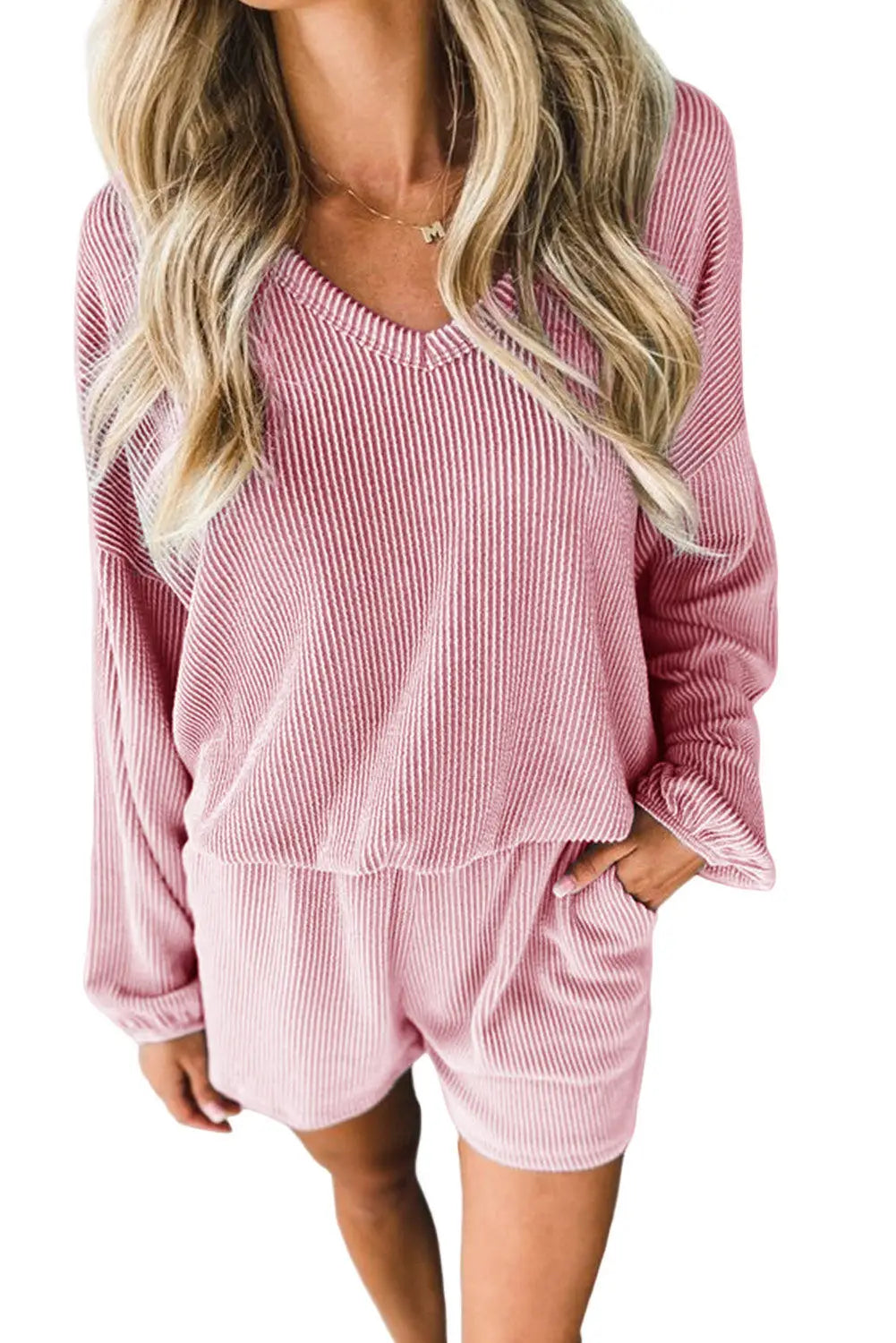 Pink corded v neck slouchy top pocketed shorts set - loungewear