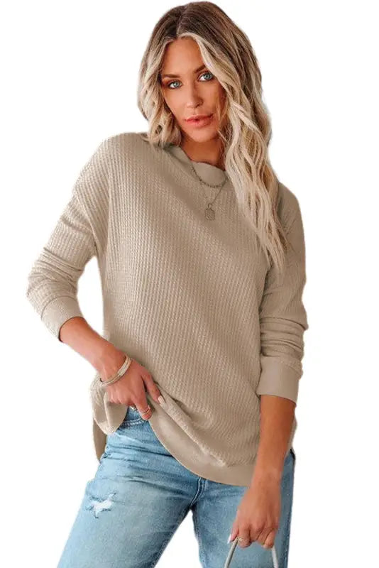 Pink crew neck ribbed trim waffle knit top - long sleeve tops