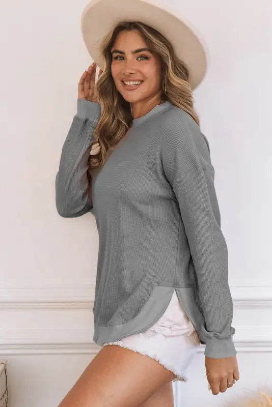 Pink crew neck ribbed trim waffle knit top - long sleeve tops