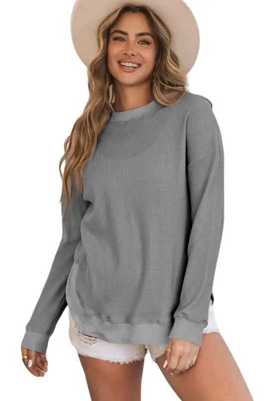 Pink crew neck ribbed trim waffle knit top - long sleeve tops