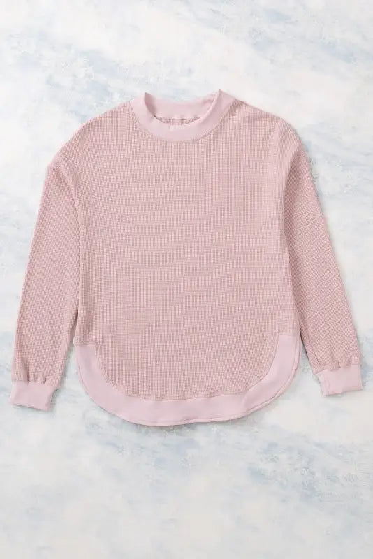 Pink crew neck ribbed trim waffle knit top - long sleeve tops