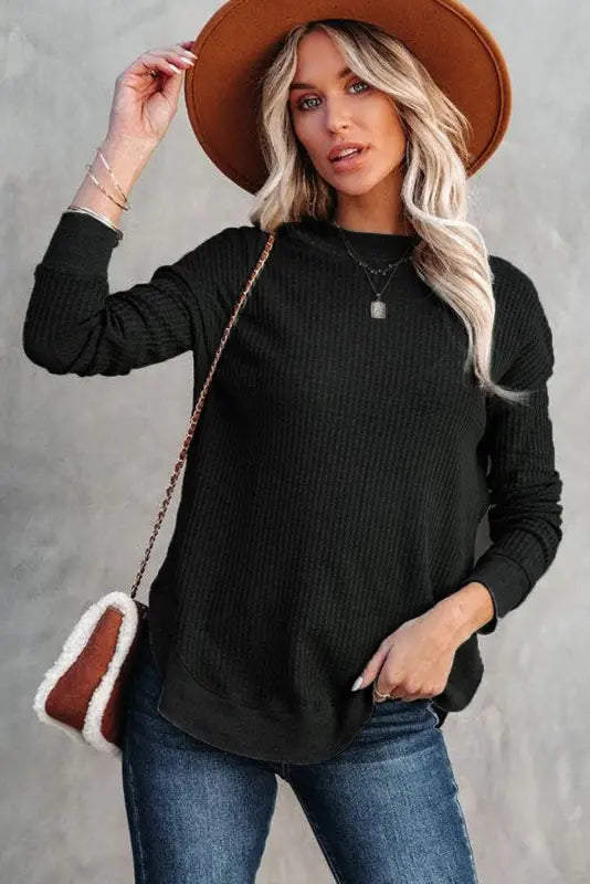 Pink crew neck ribbed trim waffle knit top - long sleeve tops