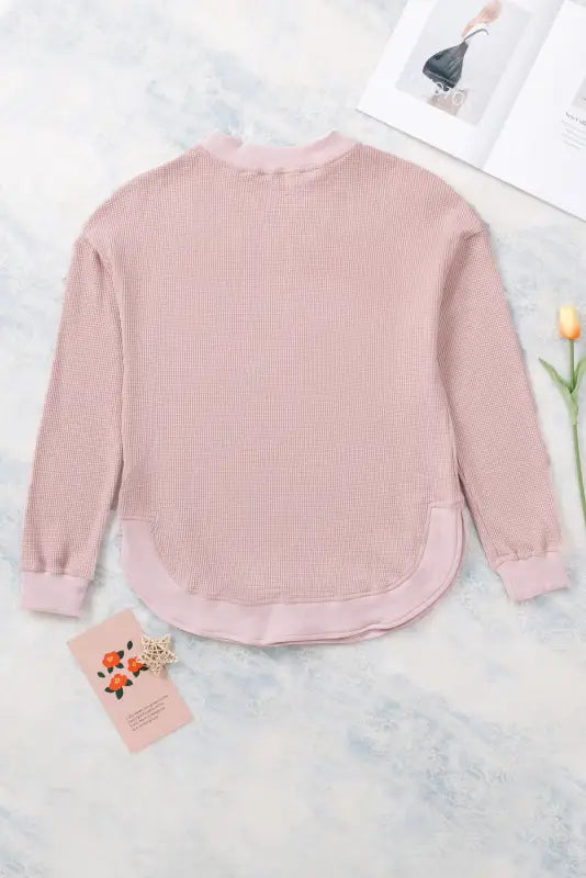 Pink crew neck ribbed trim waffle knit top - long sleeve tops