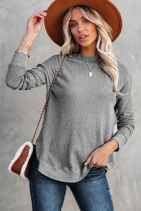 Pink crew neck ribbed trim waffle knit top - long sleeve tops