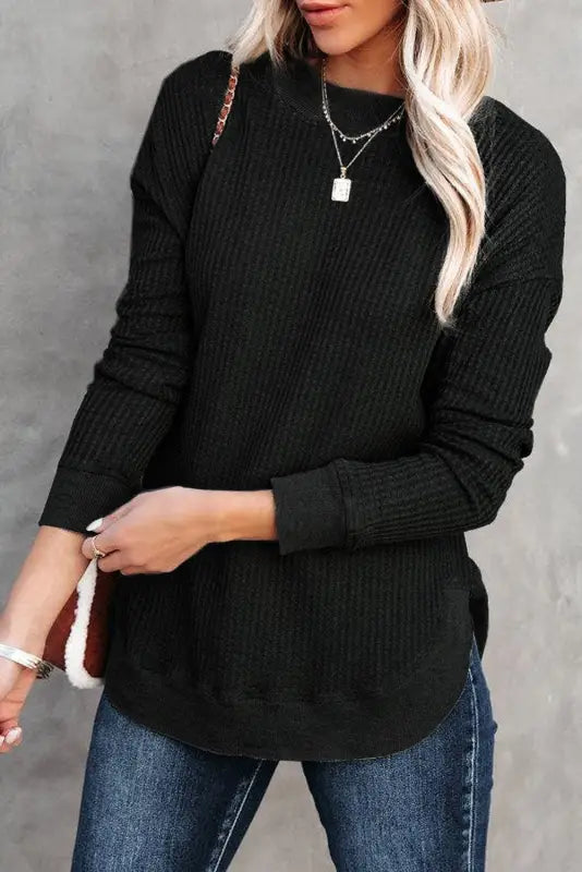 Pink crew neck ribbed trim waffle knit top - long sleeve tops