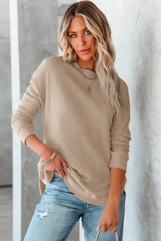 Pink crew neck ribbed trim waffle knit top - long sleeve tops