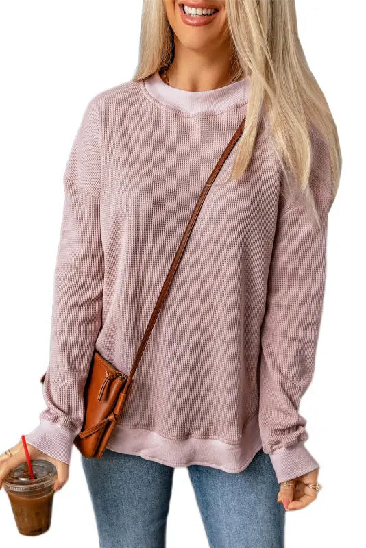 Pink crew neck ribbed trim waffle knit top - long sleeve tops