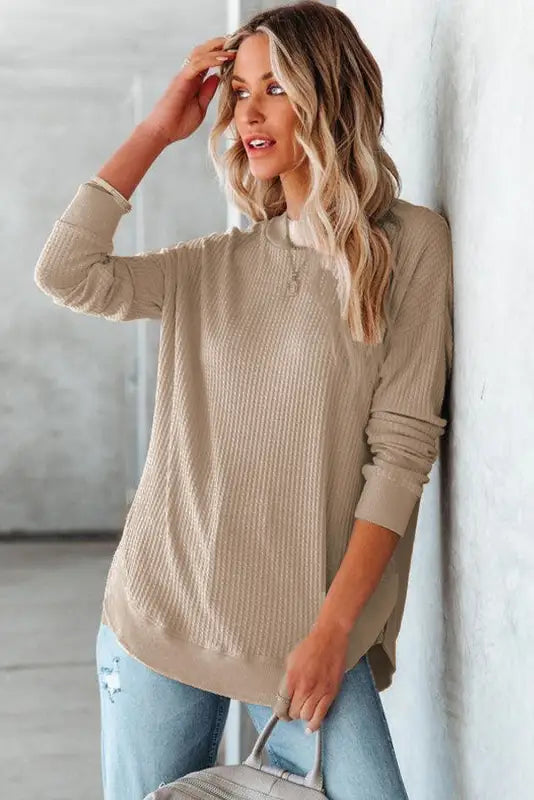 Pink crew neck ribbed trim waffle knit top - long sleeve tops