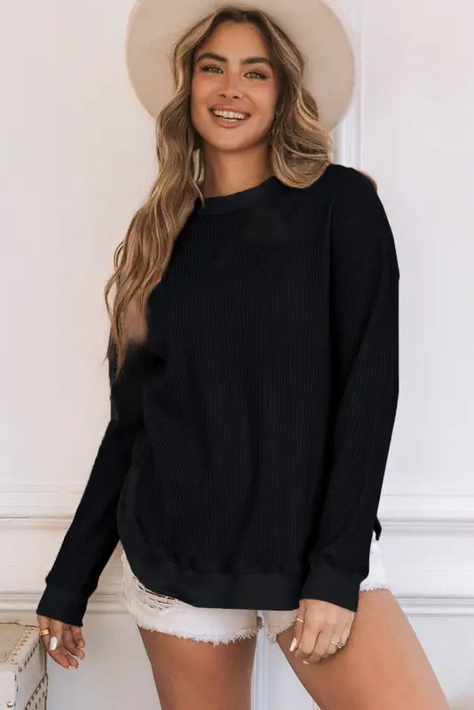 Pink crew neck ribbed trim waffle knit top - long sleeve tops