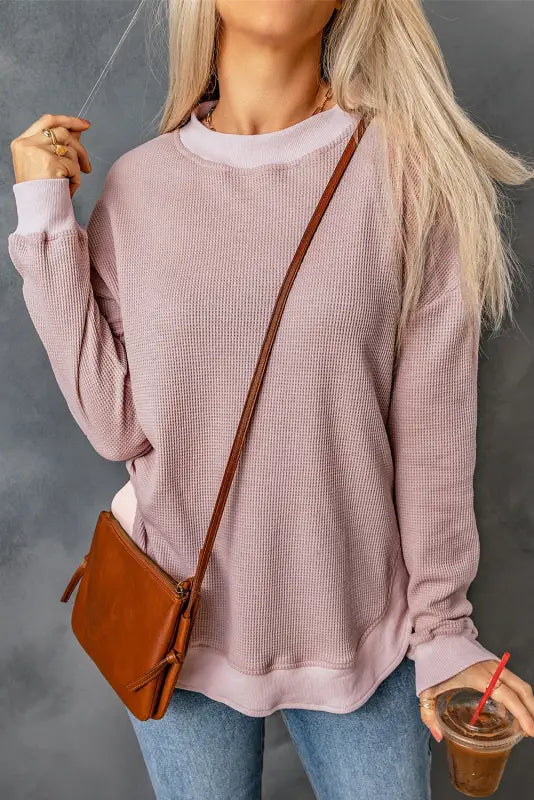 Pink crew neck ribbed trim waffle knit top - s / 62.7% polyester + 37.3% cotton - long sleeve tops