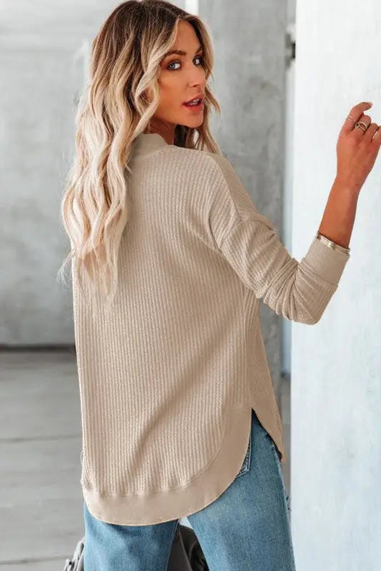 Pink crew neck ribbed trim waffle knit top - long sleeve tops