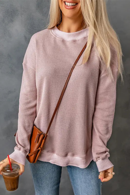 Pink crew neck ribbed trim waffle knit top - long sleeve tops