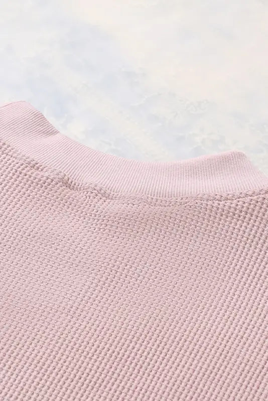 Pink crew neck ribbed trim waffle knit top - long sleeve tops