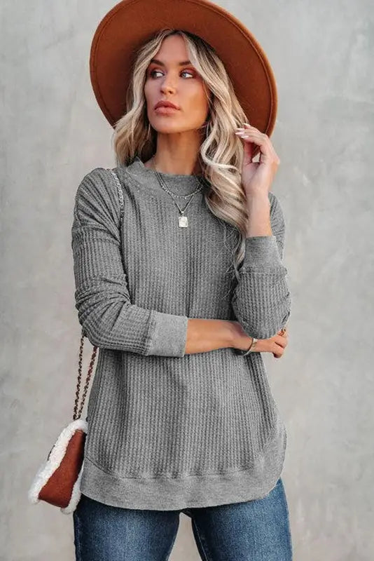 Pink crew neck ribbed trim waffle knit top - long sleeve tops