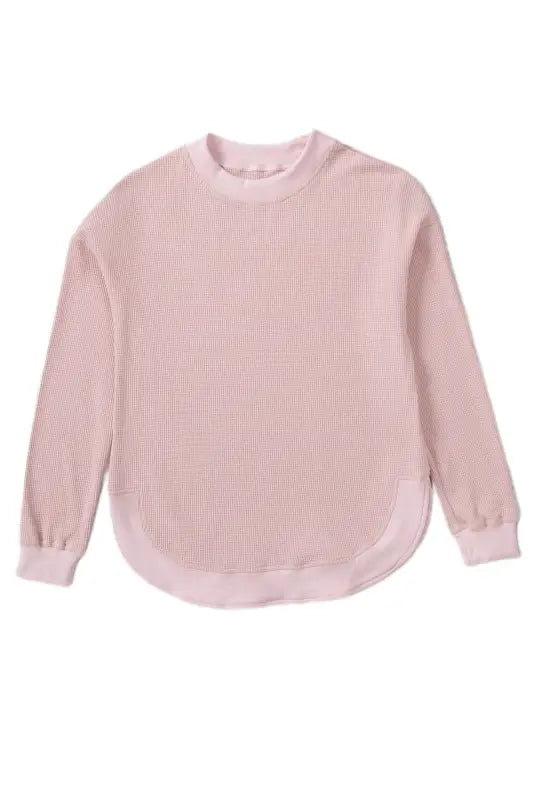 Pink crew neck ribbed trim waffle knit top - long sleeve tops