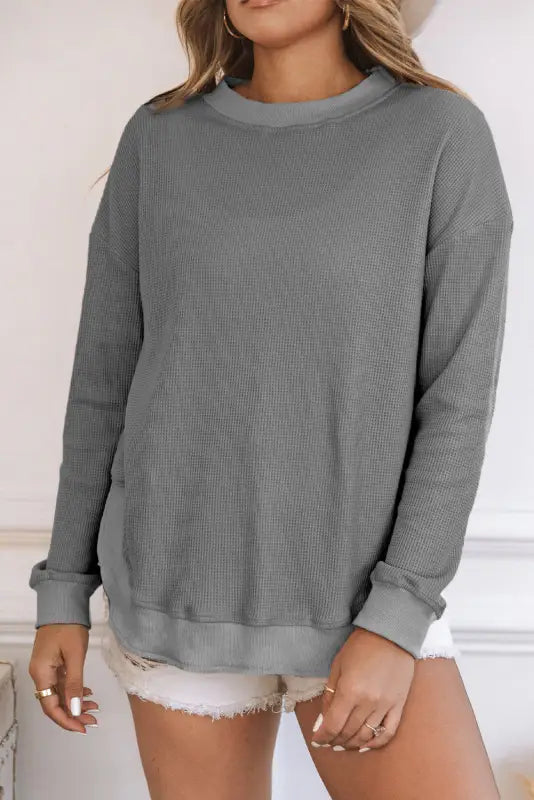 Pink crew neck ribbed trim waffle knit top - long sleeve tops