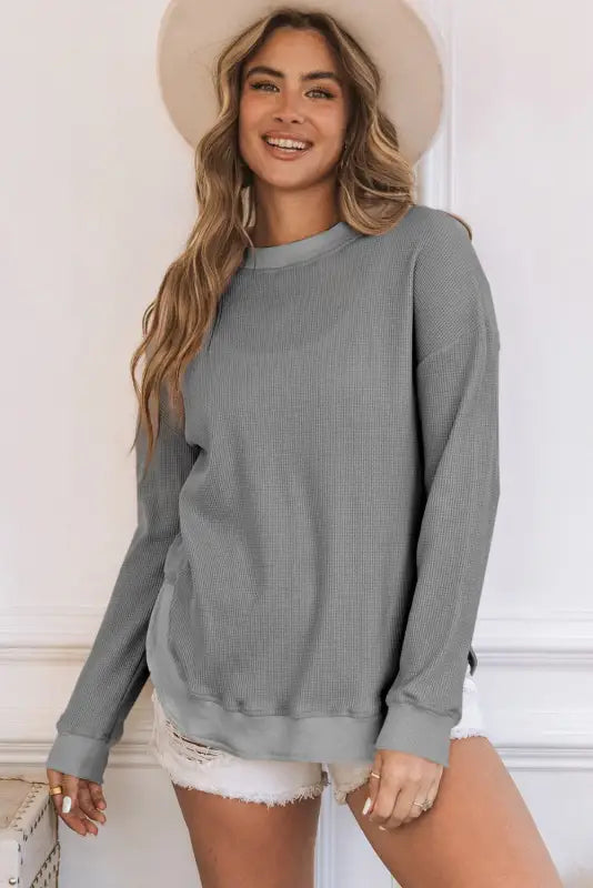 Pink crew neck ribbed trim waffle knit top - long sleeve tops