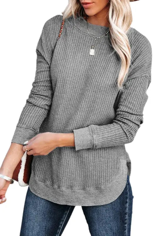 Pink crew neck ribbed trim waffle knit top - long sleeve tops