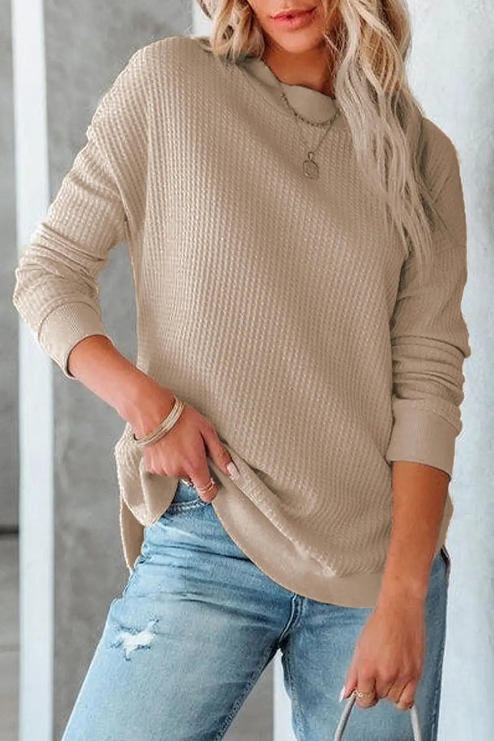 Pink crew neck ribbed trim waffle knit top - apricot / s / 62.7% polyester + 37.3% cotton - long sleeve tops