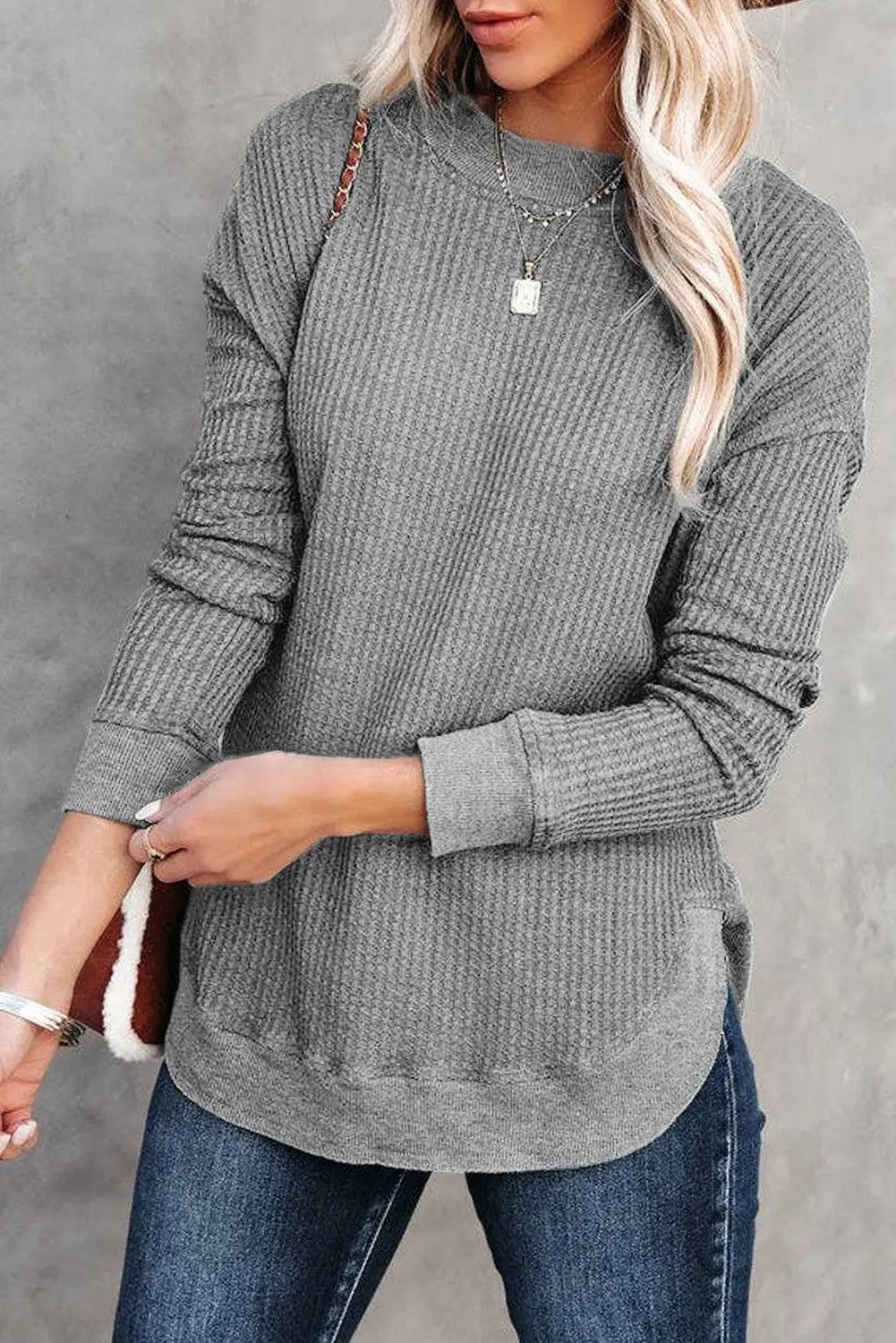 Pink crew neck ribbed trim waffle knit top - gray / s / 62.7% polyester + 37.3% cotton - long sleeve tops
