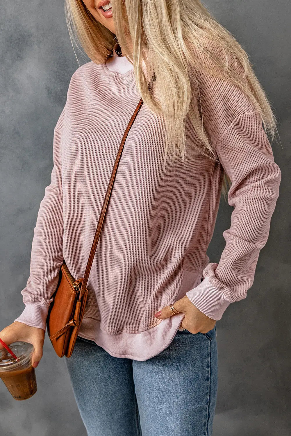 Pink crew neck ribbed trim waffle knit top - long sleeve tops