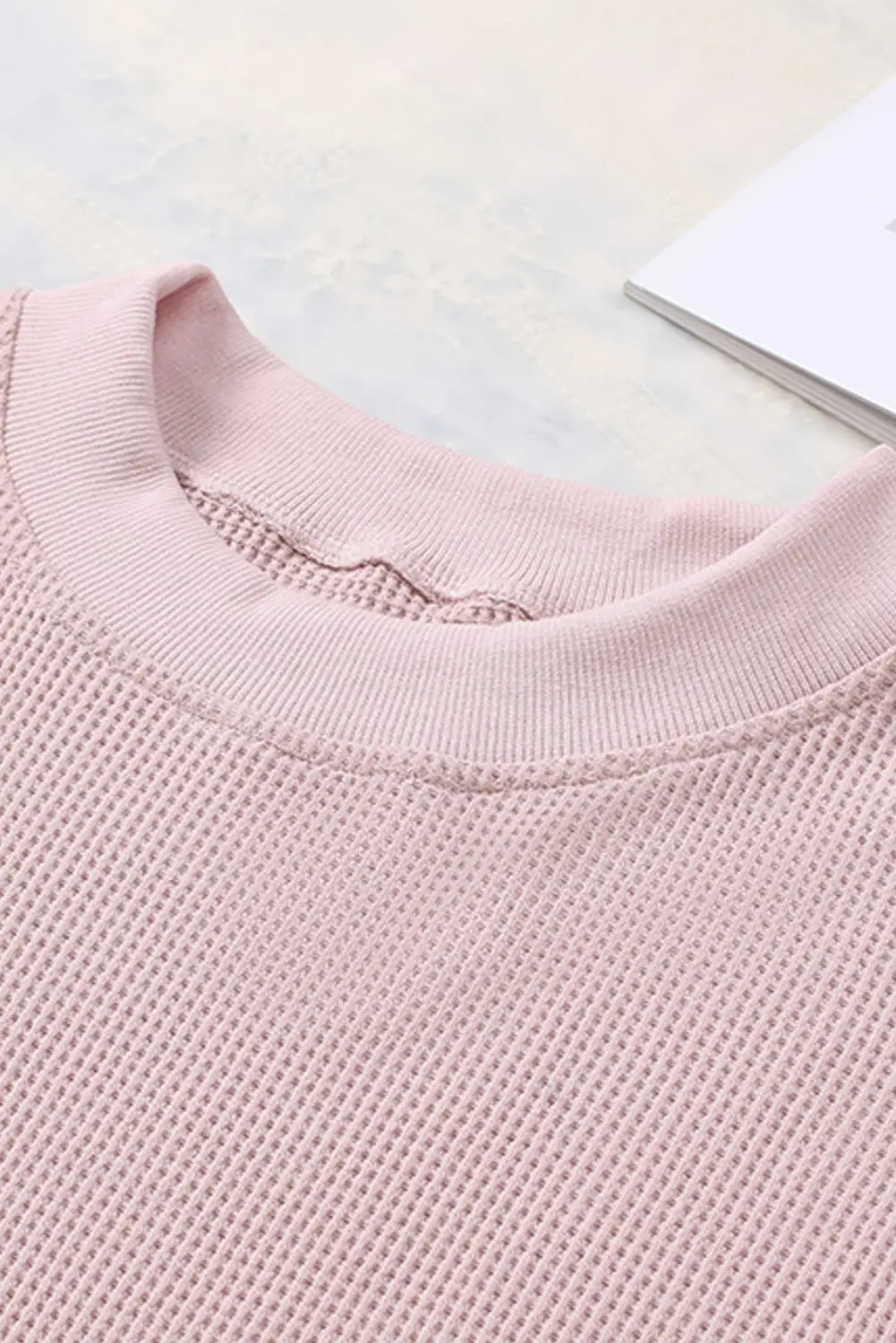 Pink crew neck ribbed trim waffle knit top - long sleeve tops
