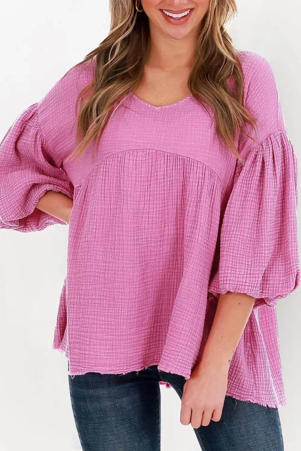 Pink crinkle bubble sleeve raw hem babydoll blouse - s / 100% cotton - tops