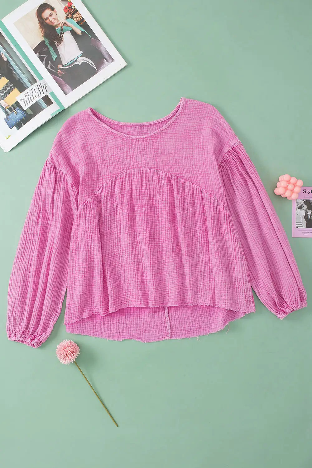Pink crinkle bubble sleeve raw hem babydoll blouse - tops