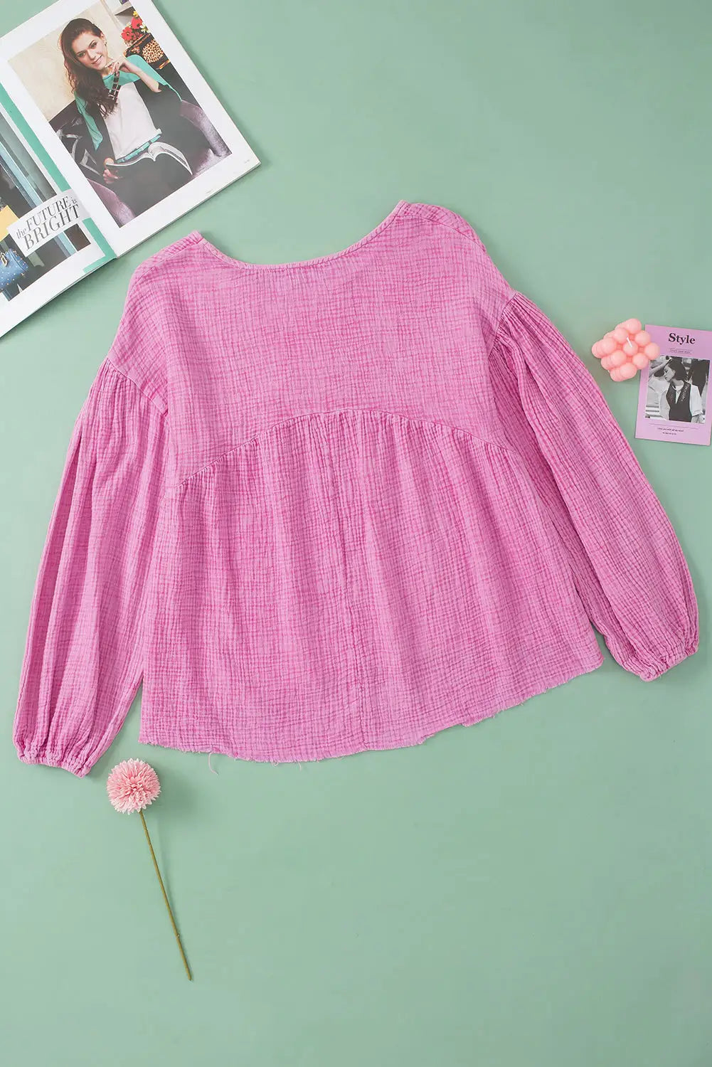 Pink crinkle bubble sleeve raw hem babydoll blouse - tops