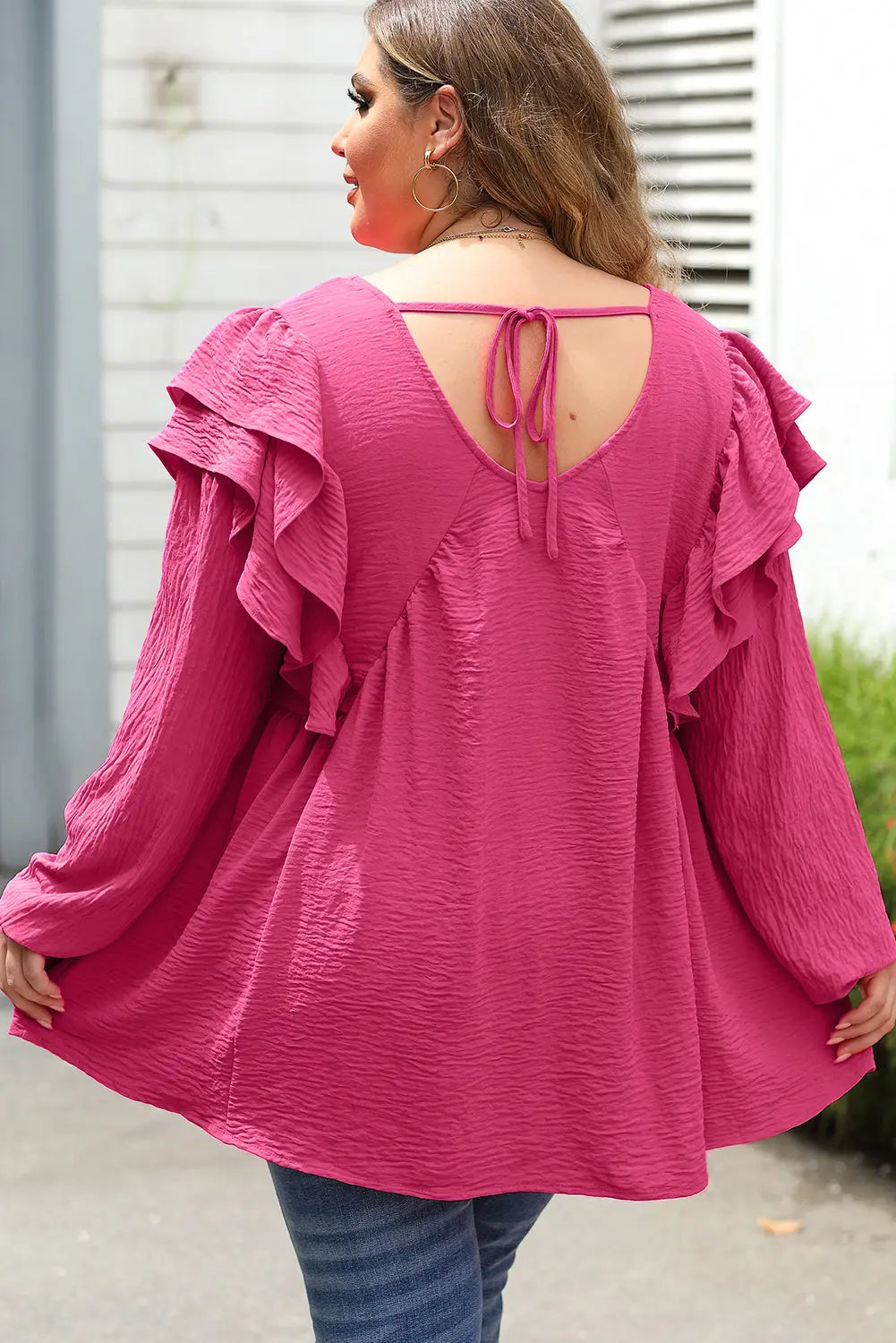 Pink crinkle ruffled v neck plus size blouse