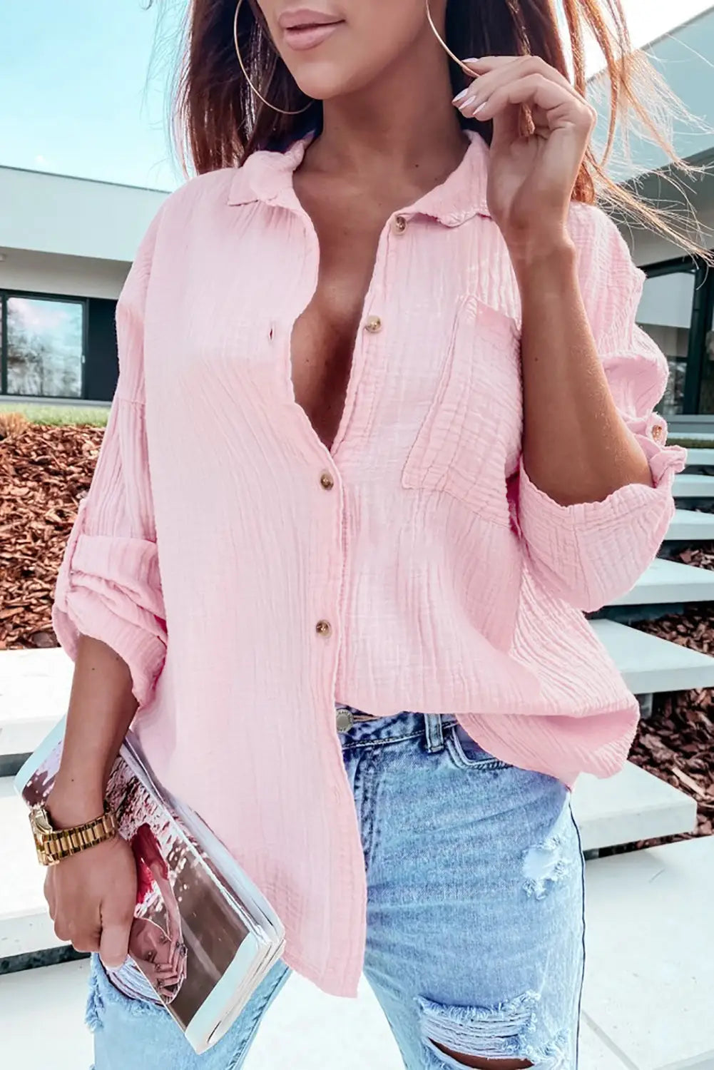 Pink crinkle texture roll-tab sleeve shirt - blouses & shirts