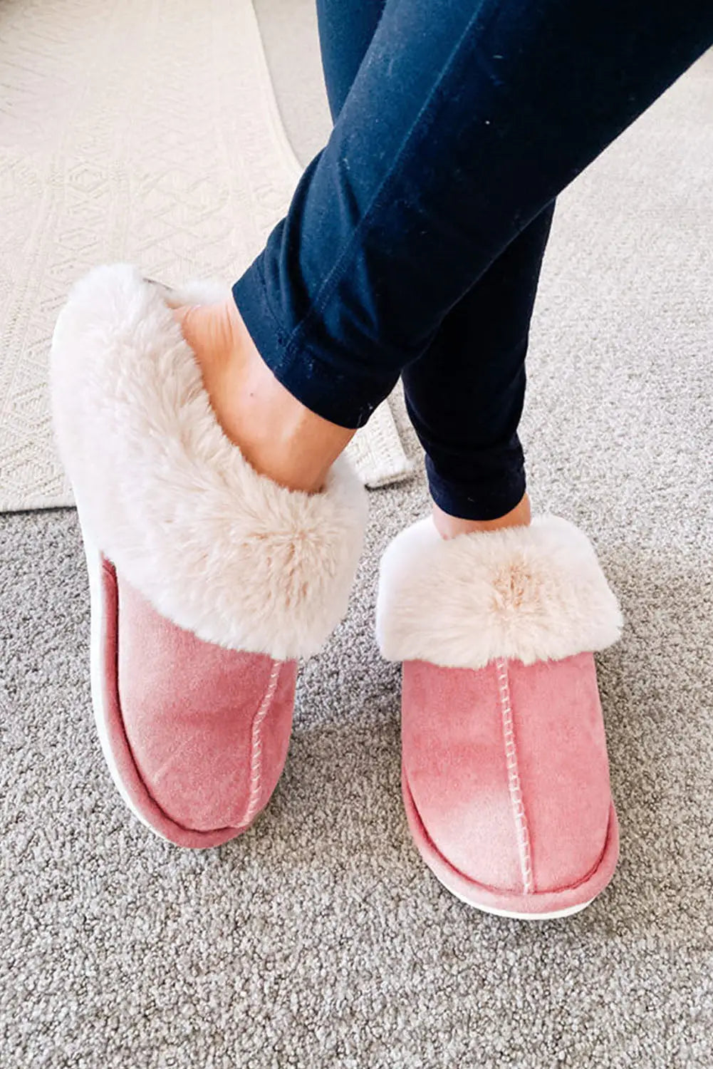 Pink cut and sew faux suede plush lined slippers - 37 -