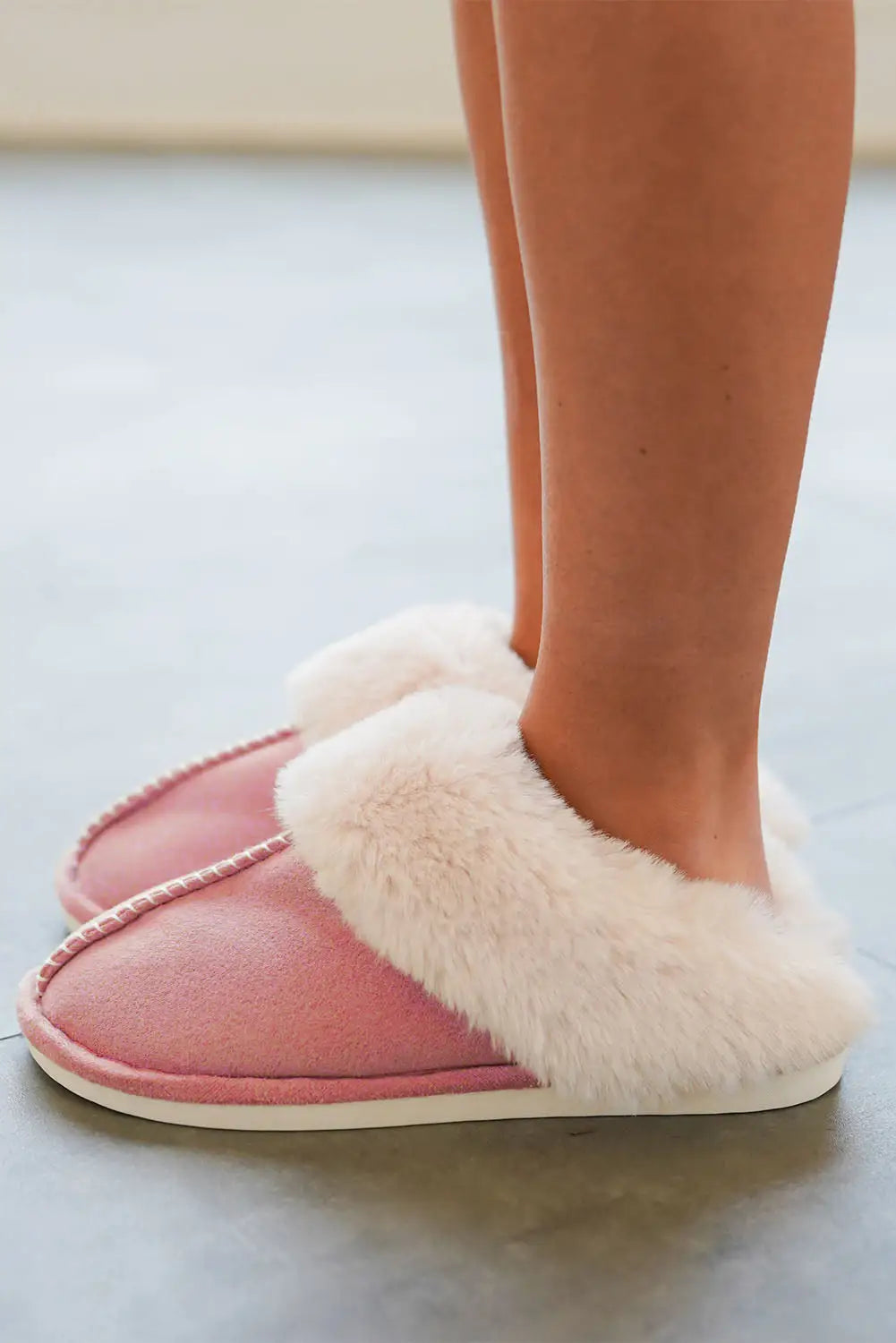 Pink cut and sew faux suede plush lined slippers - shoes &