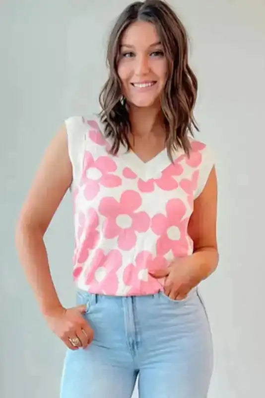 Pink Cute Flower Knitted Tank Top - Fashionfitz