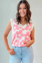 Pink Cute Flower Knitted Tank Top - Fashionfitz
