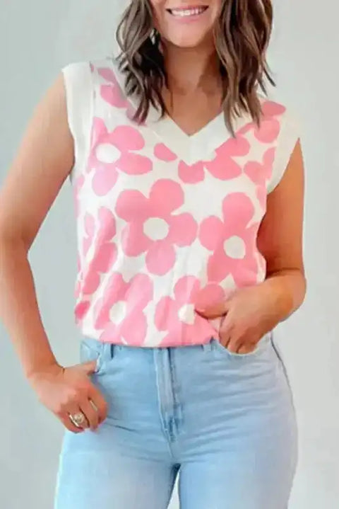 Pink Cute Flower Knitted Tank Top - Fashionfitz