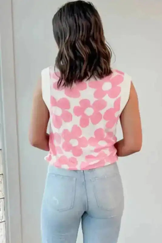 Pink Cute Flower Knitted Tank Top - Fashionfitz