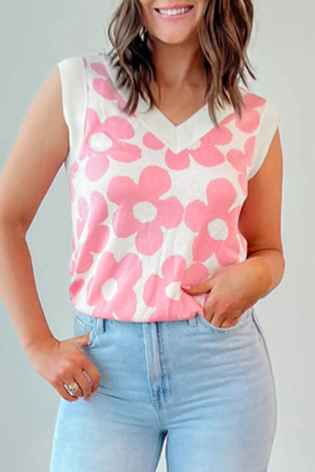 Pink cute flower knitted tank top - s / 95% polyester + 5% elastane - tops