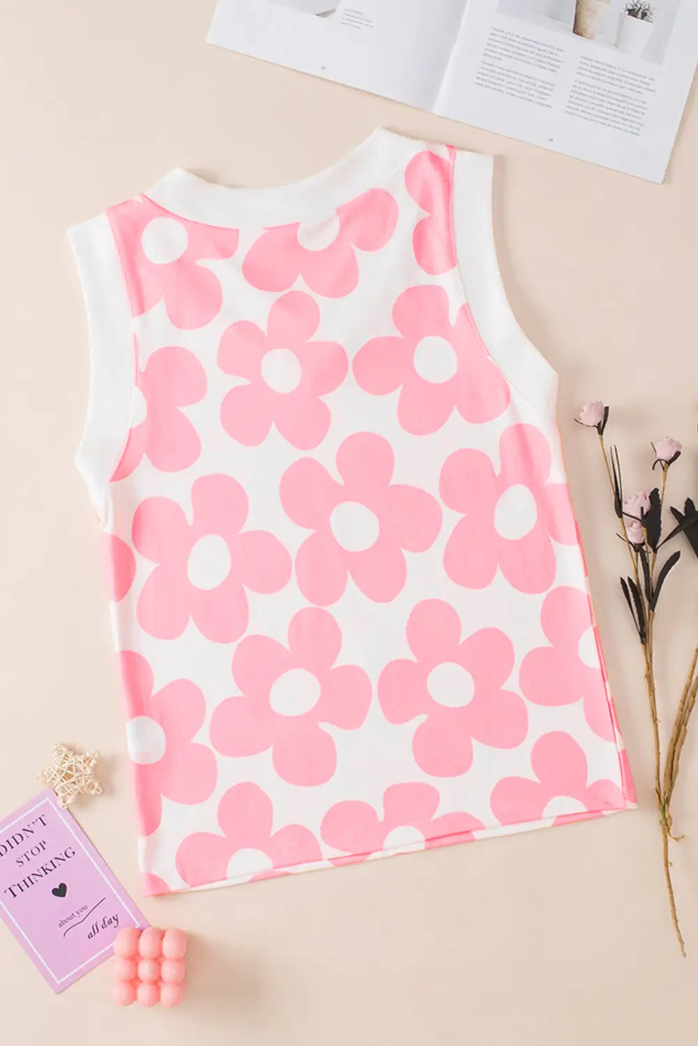 Pink cute flower knitted tank top - tops