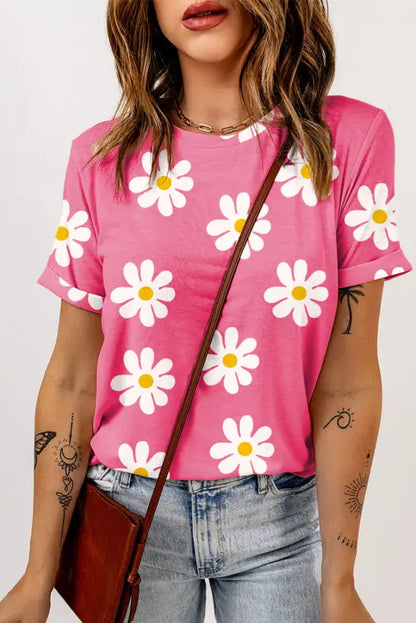 Pink daisy t-shirt - crewneck - s / 95% polyester + 5% elastane - tees