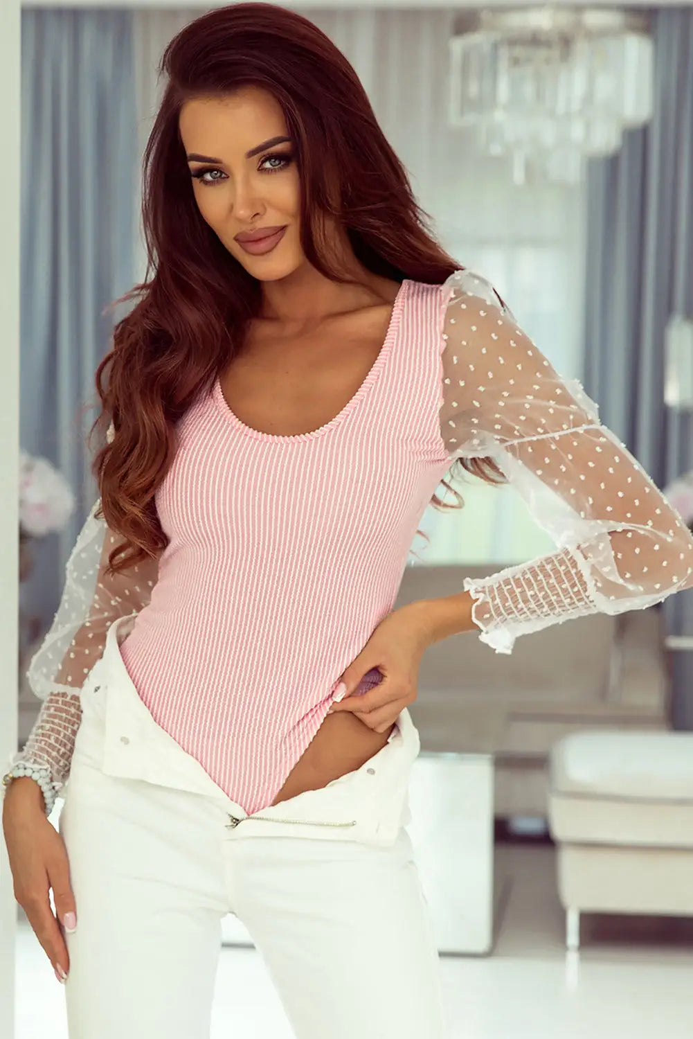 Pink dotted mesh puff sleeve ribbed bodysuit - l / 75% polyester + 20% viscose + 5% elastane - tops