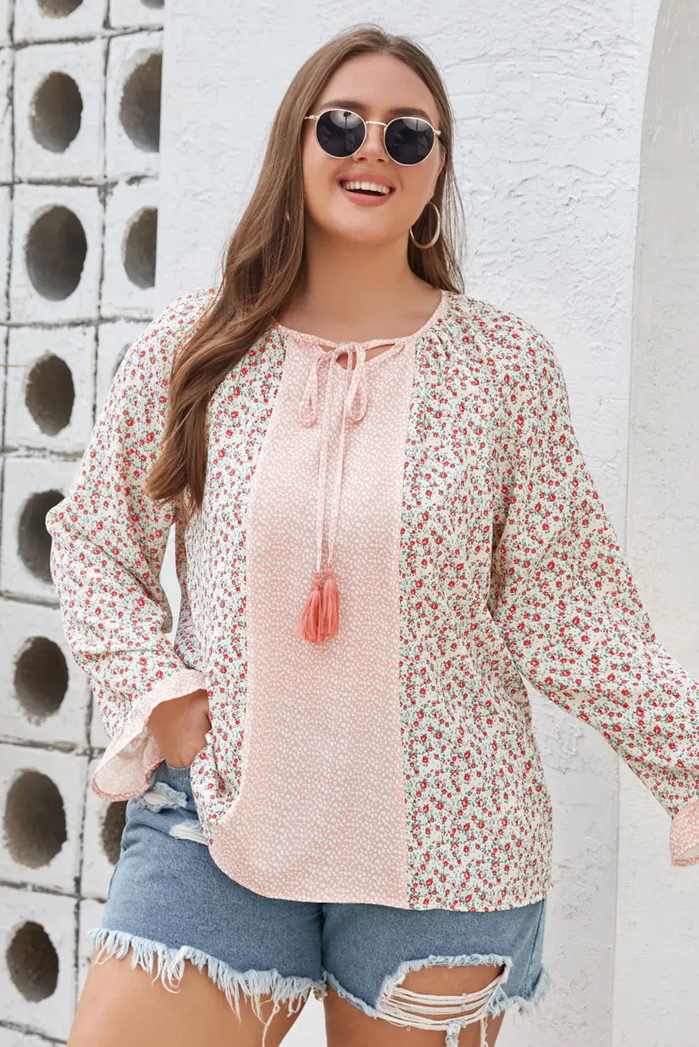 Pink dotty floral patchwork plus size long sleeve blouse - 1x / 100% polyester