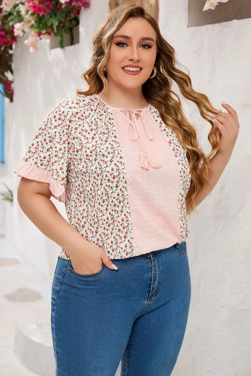 Pink dotty floral patchwork plus size long sleeve blouse