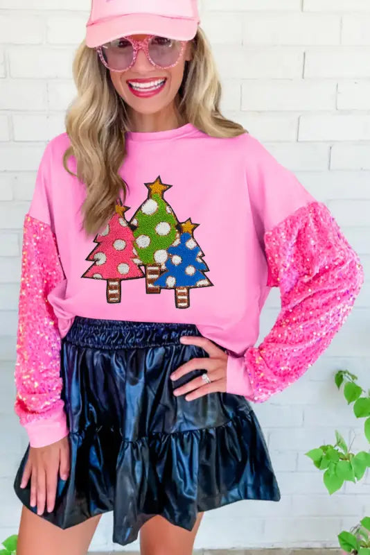 Pink double heart patch sequined sleeves plus size sweatshirt - graphic