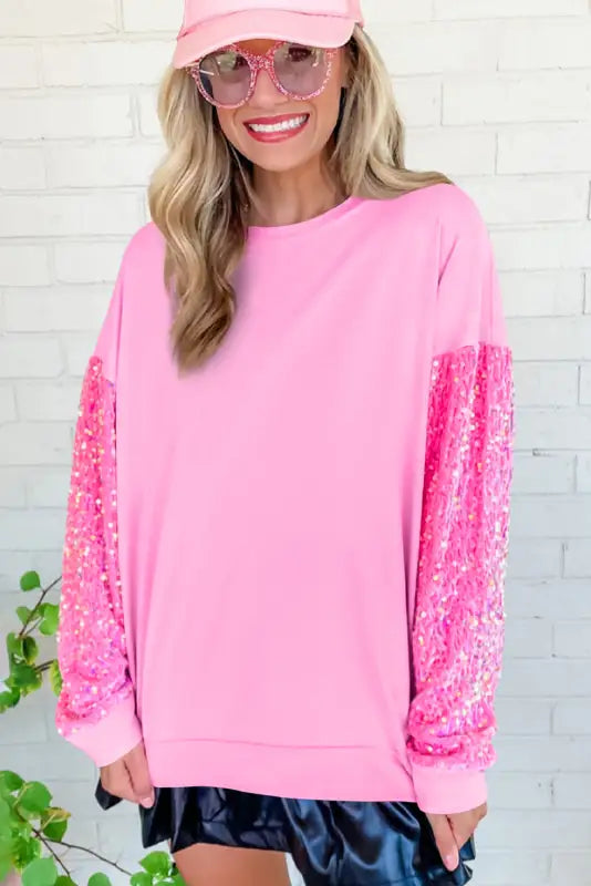 Pink double heart patch sequined sleeves plus size sweatshirt - graphic