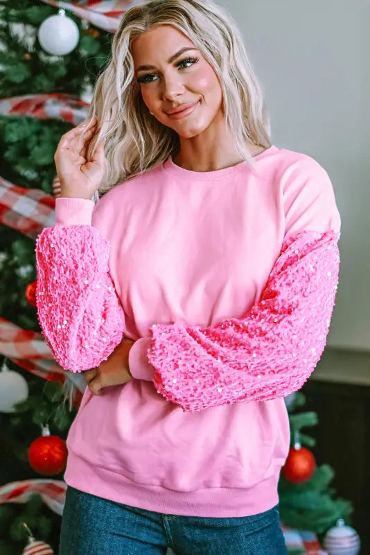 Pink double heart patch sequined sleeves plus size sweatshirt - graphic