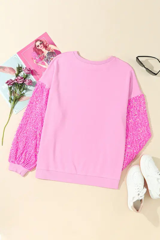 Pink double heart patch sequined sleeves plus size sweatshirt - graphic