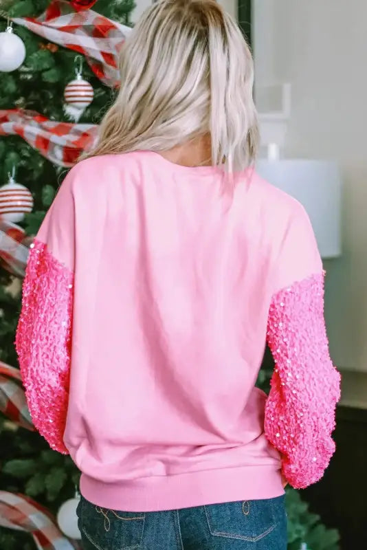 Pink double heart patch sequined sleeves plus size sweatshirt - graphic