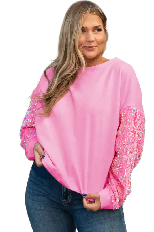 Pink double heart patch sequined sleeves plus size sweatshirt - graphic