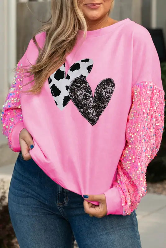 Pink double heart patch sequined sleeves plus size sweatshirt - graphic